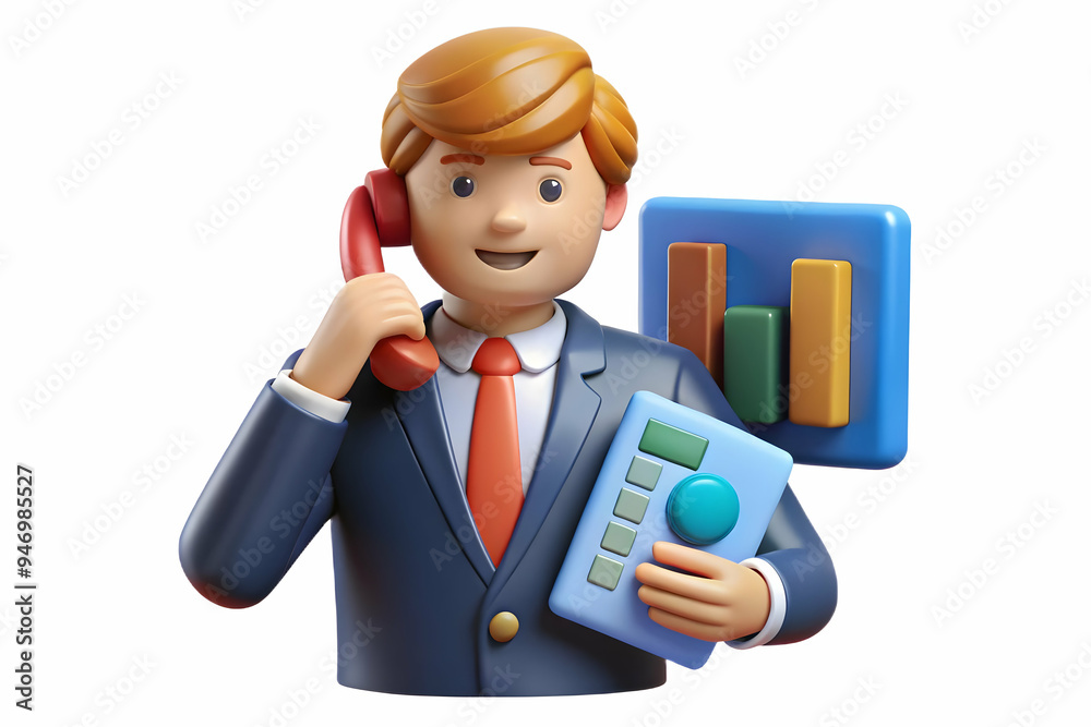 Business Finance Concept: 3D Financial Officer Multitasking with Phone Call and Financial Reports, Isolated on White Background Business Finance Concept: 3D Financial Officer Multitasking with Phone Call and Financial Reports, Isolated on White Background