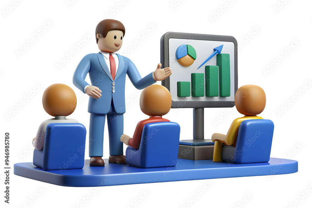 3D Financial Officer Presenting Financial Plan to Small Group in Conference Room - Candid Shot Capturing Engagement with Audience