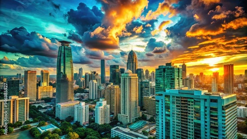 Vibrant turquoise sky seamlessly replaces dull gray atmosphere, transforming mundane cityscape into a breathtaking vista with dramatic clouds and sunlit skyscrapers standing tall. photo