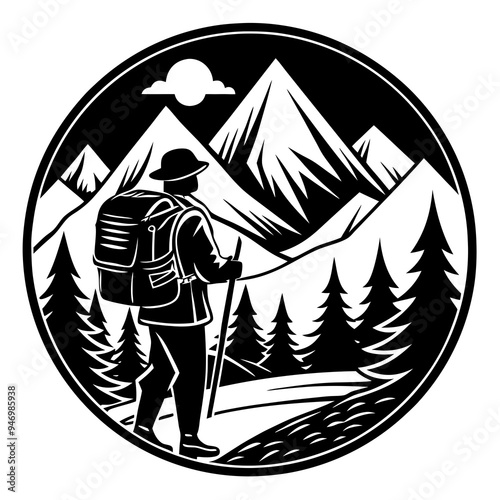 Mountain icon with a backpacker trekking along the rugged terrain showcasing adventure and exploration
 photo