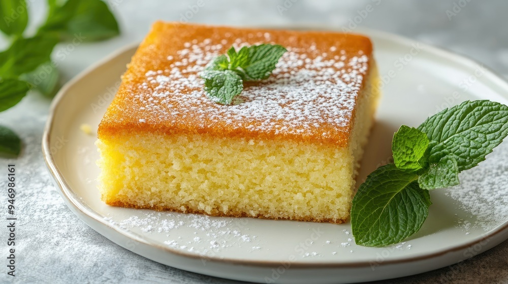 A homemade Thai sponge cake with a golden crust and soft, fluffy texture, served on a white plate with a side of fresh mint leaves for a pop of color A homemade Thai sponge cake with a golden crust and soft, fluffy texture, served on a white plate with a side of fresh mint leaves for a pop of color
