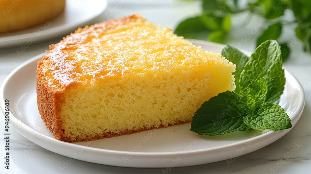 A homemade Thai sponge cake with a golden crust and soft, fluffy texture, served on a white plate with a side of fresh mint leaves for a pop of color A homemade Thai sponge cake with a golden crust and soft, fluffy texture, served on a white plate with a side of fresh mint leaves for a pop of color