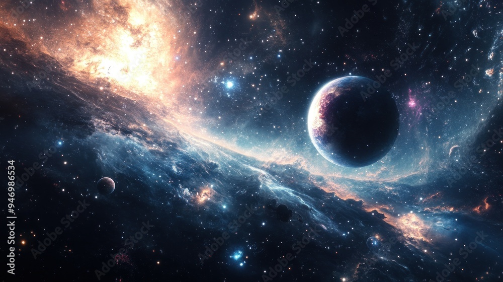 A Planet and Nebulas in a Starry Sky A Planet and Nebulas in a Starry Sky