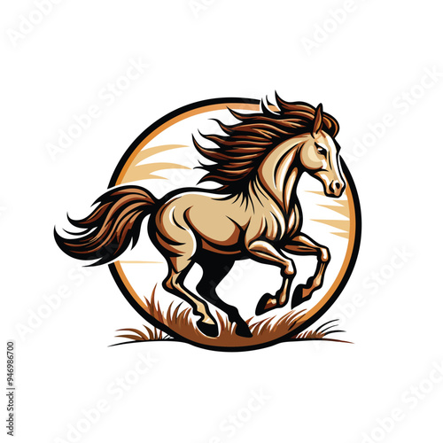 A realistic vector illustration of a horse galloping across a field, the horse has a flowing mane and tail, the background is a sunset with a circular shape.