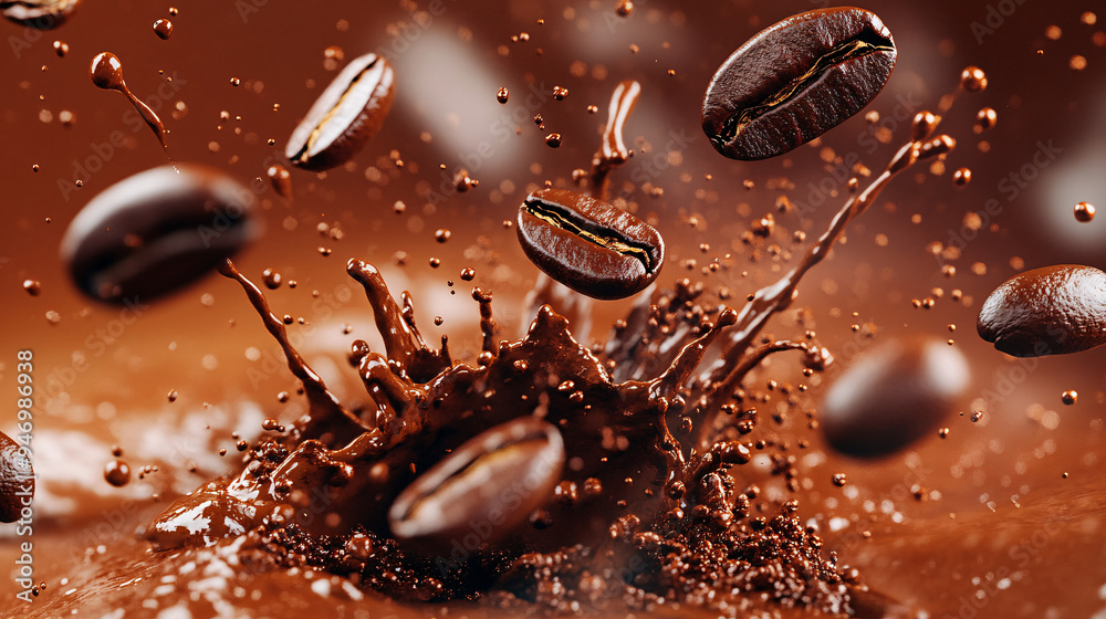 Coffee splash, close-up, several coffee beans flying around in coffee powder, advertising photography, studio shot Coffee splash, close-up, several coffee beans flying around in coffee powder, advertising photography, studio shot