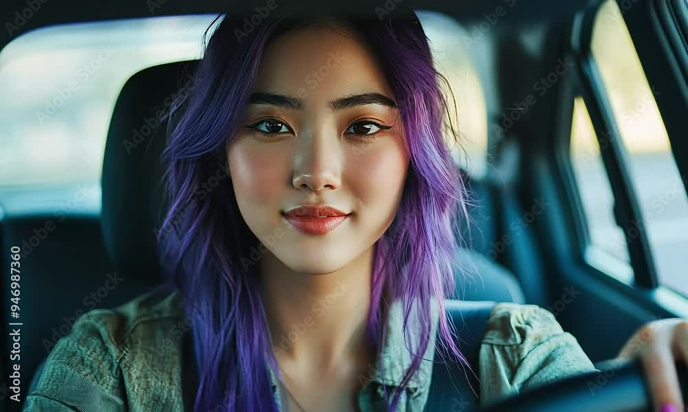 Young woman with purple hair driving a car with ai generated.
Young woman with purple hair driving a car with ai generated.
