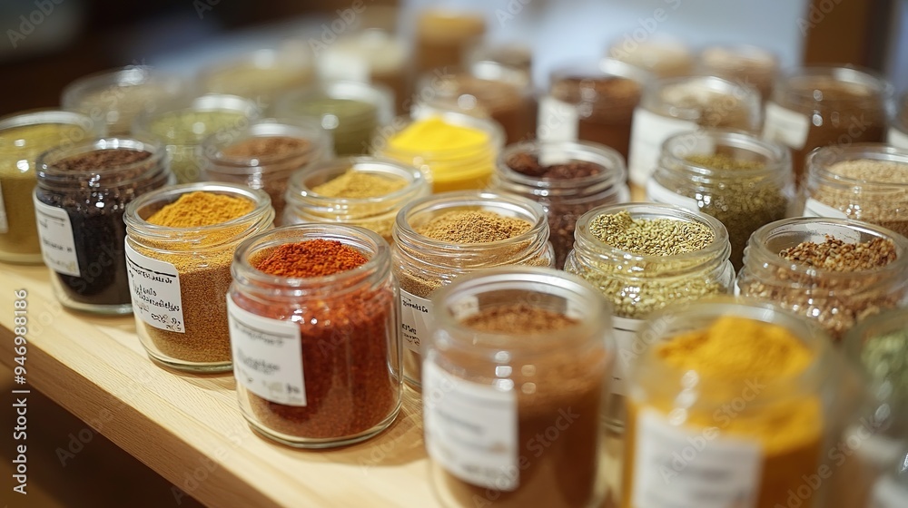 Close-up of a collection of spices in small glass jars, with labels and colorful contents displayed on a kitchen shelf Close-up of a collection of spices in small glass jars, with labels and colorful contents displayed on a kitchen shelf