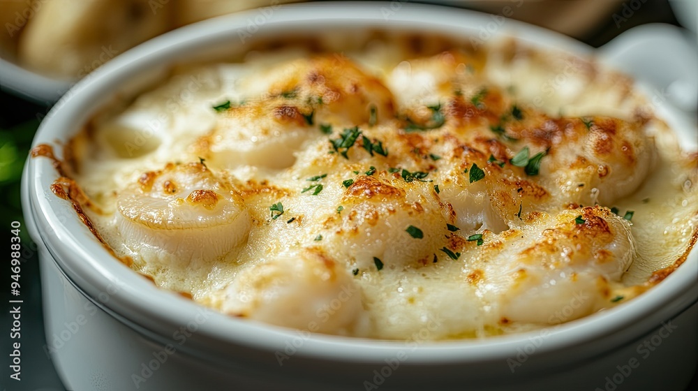 A serving of scallop cream gratin with a bubbling cheese topping and a creamy interior, served in a white dish, a warm and delicious seafood entree