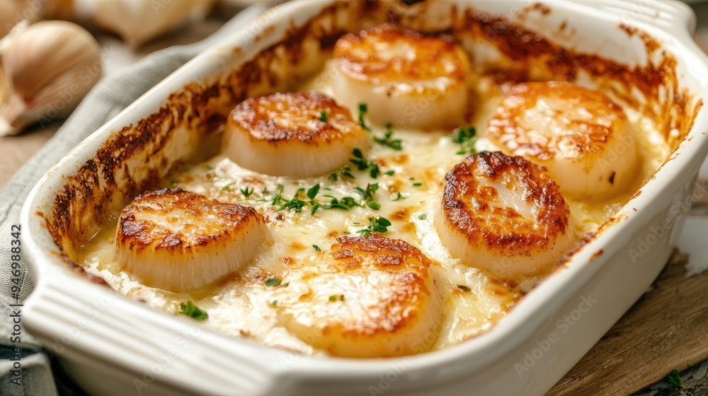A serving of scallop cream gratin in a baking dish, featuring tender scallops in a rich, creamy sauce topped with crispy cheese, perfect for a gourmet dinner A serving of scallop cream gratin in a baking dish, featuring tender scallops in a rich, creamy sauce topped with crispy cheese, perfect for a gourmet dinner
