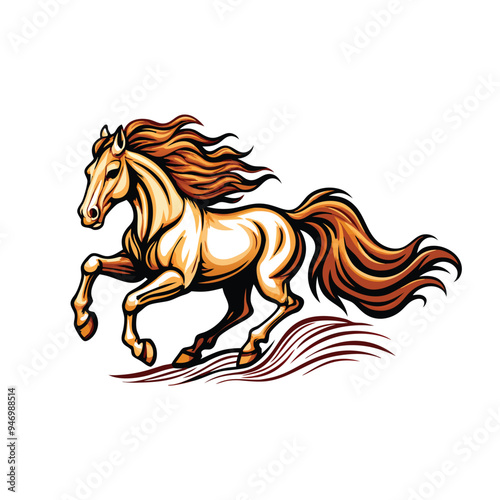 Create a realistic vector illustration of a horse galloping across a field. The horse should have a flowing mane and tail and be depicted in a dynamic pose.