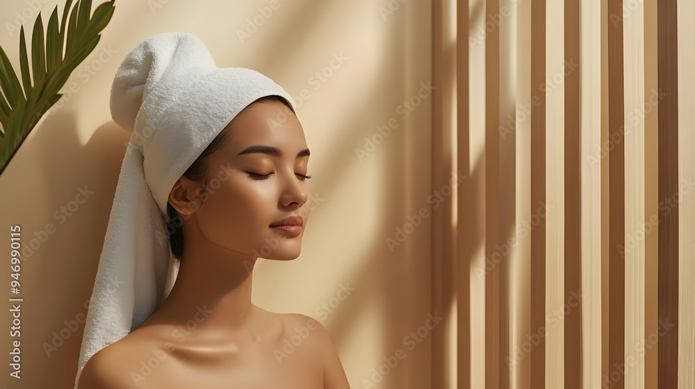 Fototapeta premium A beautiful Asian woman with a towel on her head, relaxing in a minimalist spa with clean lines and a neutral color palette