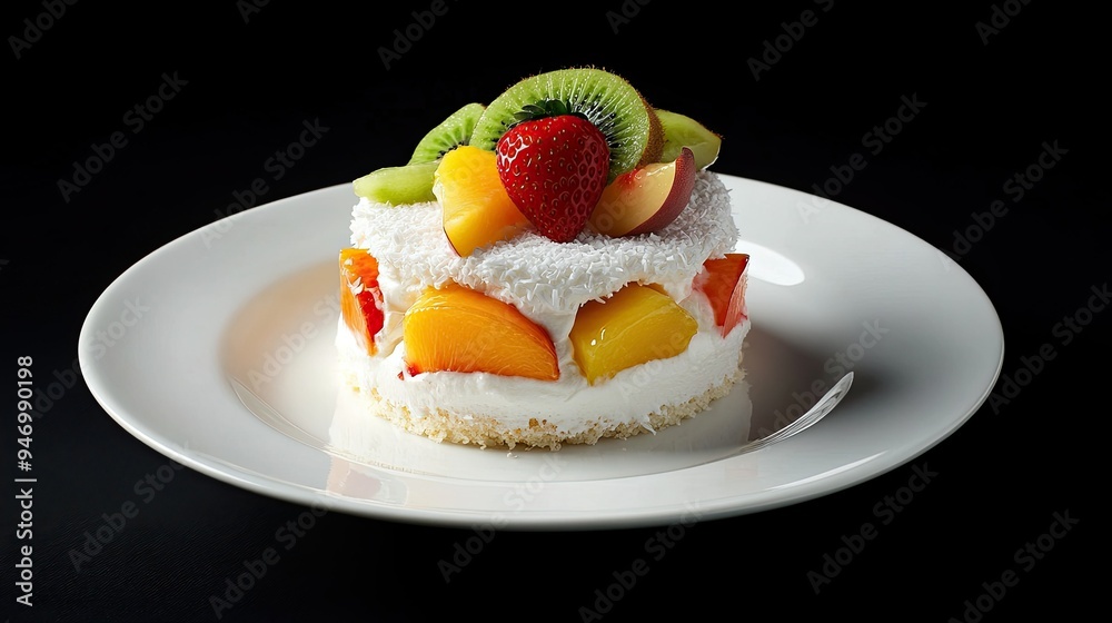 A white plate featuring a coconut cake with fresh fruit toppings like kiwi, strawberry, and peach, set against a black background for bold visual appeal A white plate featuring a coconut cake with fresh fruit toppings like kiwi, strawberry, and peach, set against a black background for bold visual appeal