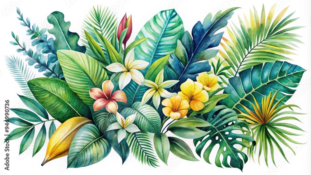 Fototapeta premium Vibrant watercolor illustration of lush tropical foliage, featuring exotic flowers, palm fronds, and leaves in shades of green, blue, and yellow on a white background.