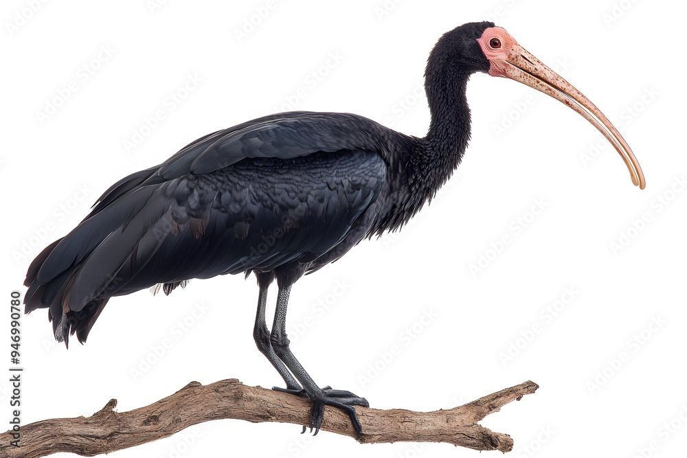 Fototapeta premium Northern Bald Ibis Hermit Perched on a Branch on White Background, Realistic Photo, Wallpaper, Cover and Screen for Smartphone, Cell Phone, Computer, Laptop, 9:16 and 16:9 Format