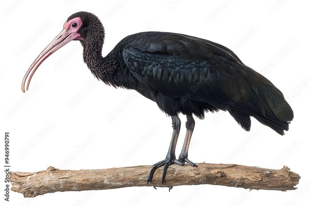 Obraz premium Northern Bald Ibis Hermit Perched on a Branch on White Background, Realistic Photo, Wallpaper, Cover and Screen for Smartphone, Cell Phone, Computer, Laptop, 9:16 and 16:9 Format