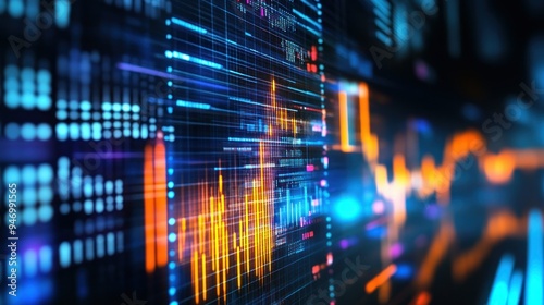 Abstract Digital Data Visualization with Orange and Blue Lines