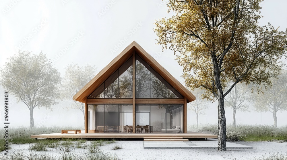 Modern Wooden Cabin with Large Windows in a Foggy Forest Modern Wooden Cabin with Large Windows in a Foggy Forest