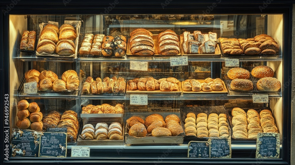 Bakery glass showcase seen from outside, packed with an array of freshly baked bread, rolls, and cookies, perfectly arranged to catch the eye of passersby Bakery glass showcase seen from outside, packed with an array of freshly baked bread, rolls, and cookies, perfectly arranged to catch the eye of passersby