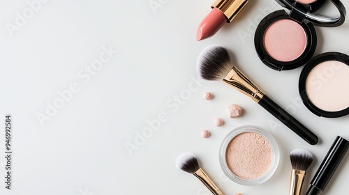 Cosmetic products are beautifully arranged on a light background, showcasing lipstick, makeup brushes, and powder in a minimalist style. Generative AI