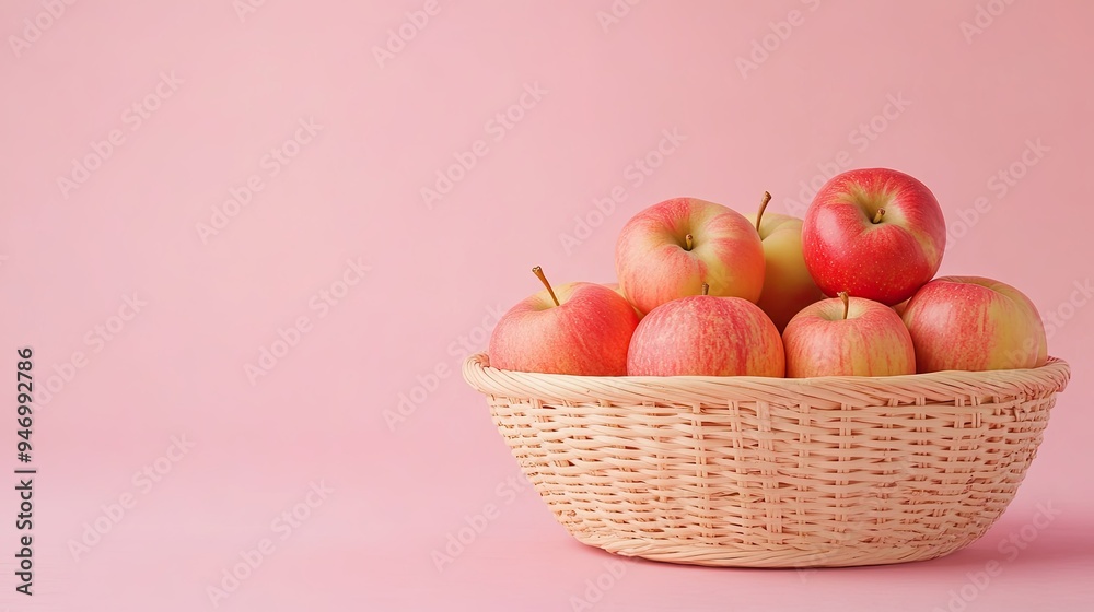 Bamboo basket filled with fresh apples on a pastel background, promoting the use of apple extract for dark circle reduction. Bamboo basket filled with fresh apples on a pastel background, promoting the use of apple extract for dark circle reduction.