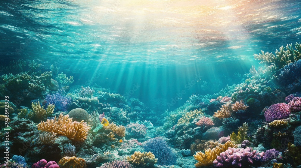 Sunbeams Illuminating Vibrant Coral Reef Underwater Sunbeams Illuminating Vibrant Coral Reef Underwater