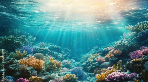 Sunbeams Illuminating Vibrant Coral Reef Underwater