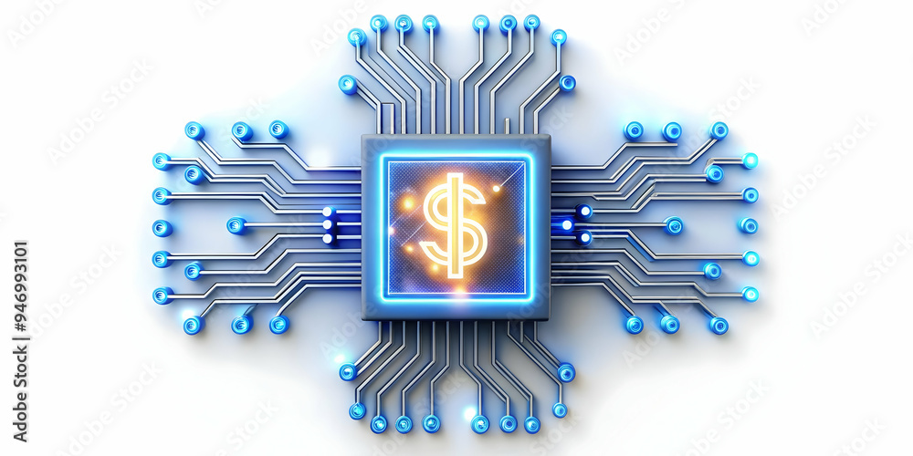 Fototapeta premium 3D Glowing Abstract Circuit Board with Financial Symbols: Integration of Technology and Finance in Fintech Management