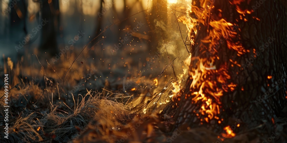 Burning Tree Trunk and Grass in a Forest Wildfire Burning Tree Trunk and Grass in a Forest Wildfire