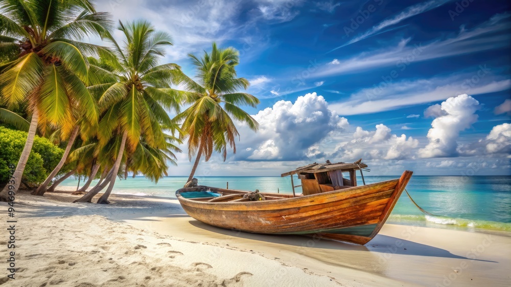 Vibrant wooden fishing boat with rusted motor sits calmly on pristine white sandy beach, palm trees swaying gently in the serene Indian Ocean breeze. Vibrant wooden fishing boat with rusted motor sits calmly on pristine white sandy beach, palm trees swaying gently in the serene Indian Ocean breeze.
