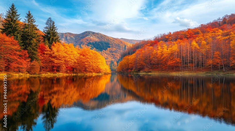 Fototapeta premium Scenic mountain view with trees ablaze in autumn colors and a calm lake