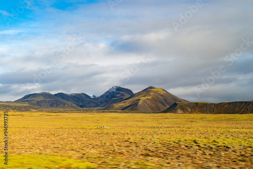 Fall nature in mountain countryside. Scenery landscape of mountain. Scenery autumn countryside. Countryside landscape with mountain. Autumn mountain landscape. Nature of Iceland in morning mist photo