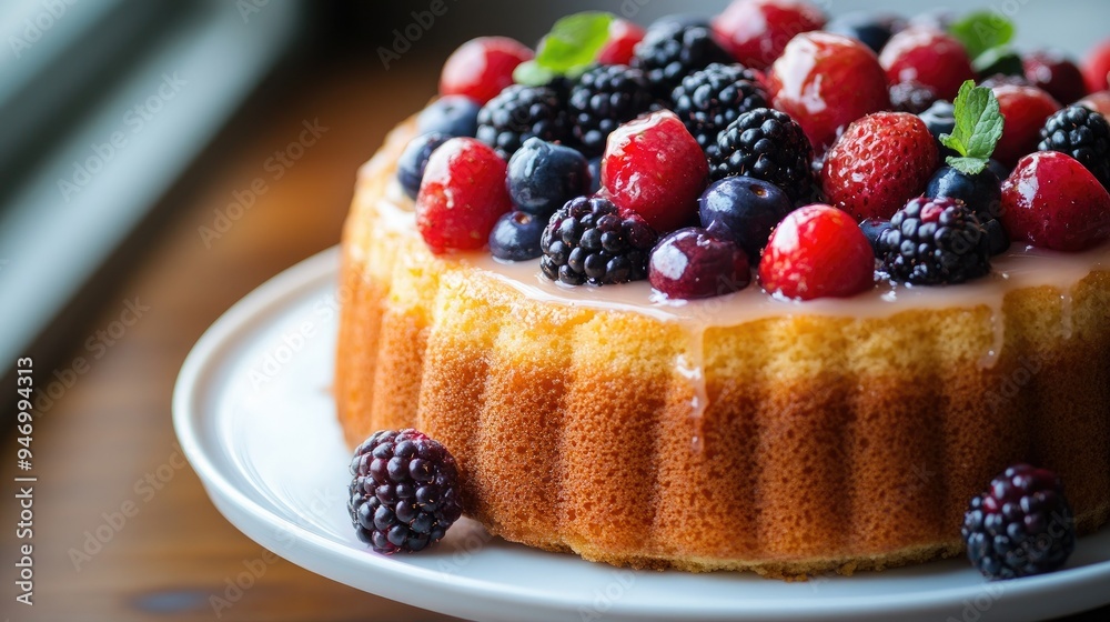 Butter vanilla cake topped with a smooth glaze and fresh berries, presented as a breakfast option. A simple and delicious way to begin the day. Butter vanilla cake topped with a smooth glaze and fresh berries, presented as a breakfast option. A simple and delicious way to begin the day.