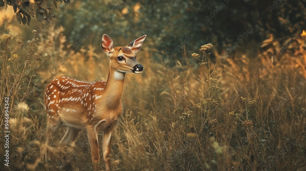 A Young Fawn Stands in a Field of Tall Grass A Young Fawn Stands in a Field of Tall Grass