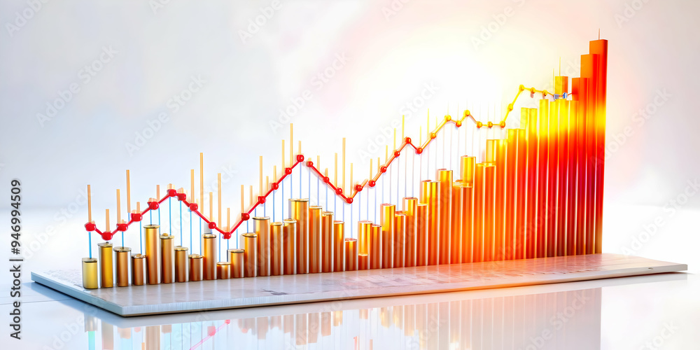 Fototapeta premium 3D Glowing Abstract Financial Report with Rising and Falling Data Points Concept - Market Volatility Visualization on White Background