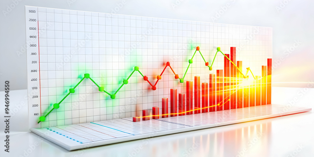 3D Glowing abstract financial report with rising and falling data points concept - A glowing abstract financial report with data points rising and falling symbolizing market volatility. 3D Glowing abstract financial report with rising and falling data points concept - A glowing abstract financial report with data points rising and falling symbolizing market volatility.