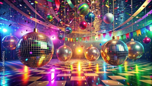 Vintage disco balls, colorful streamers, and flashy decorations adorn a lively dance floor, capturing the vibrant essence of a festive and nostalgic retro party atmosphere. photo