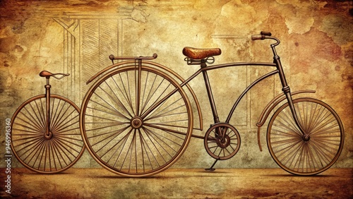 Vintage-style illustrations of classic bicycles from the past, featuring ornate details, curved lines, and distressed textures, evoking a sense of nostalgia and retro charm. photo