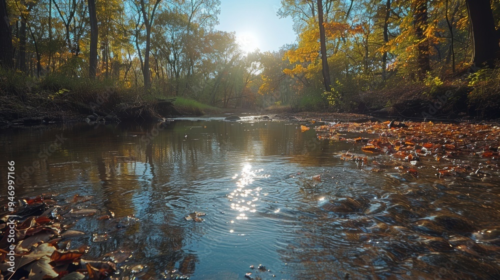 Obraz premium Sunlight filters through autumn foliage and reflects off the tranquil water of a forest stream creating a serene and picturesque nature scene
