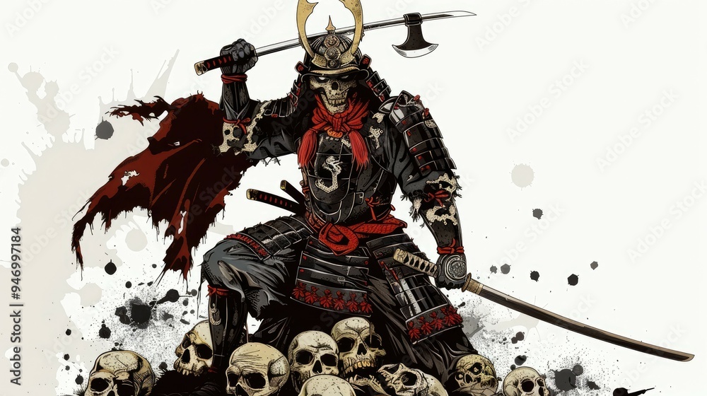 Fototapeta premium Skull-Faced Samurai Warrior Standing on a Pile of Skulls