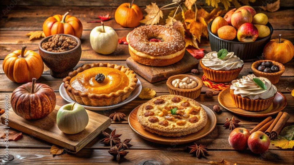 Warm light illuminates a rustic wooden table adorned with an assortment of freshly baked fall sweet treats, including pumpkin pie, apple crisp, and cinnamon donuts. Warm light illuminates a rustic wooden table adorned with an assortment of freshly baked fall sweet treats, including pumpkin pie, apple crisp, and cinnamon donuts.