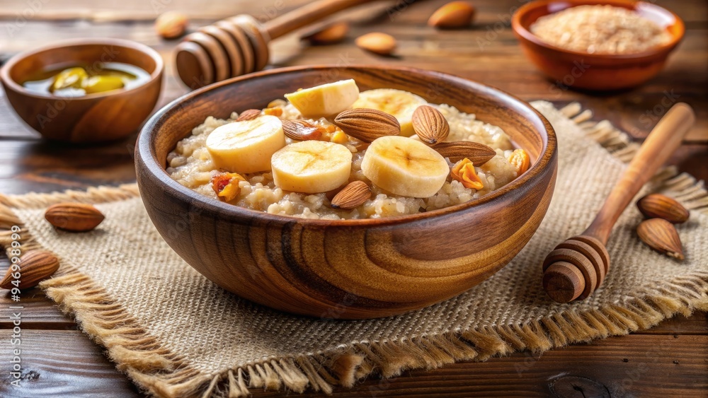 Warm, nutritious quinoa porridge with sliced banana, almonds, and drizzle of honey in a rustic wooden bowl on a natural fiber tablecloth background. Warm, nutritious quinoa porridge with sliced banana, almonds, and drizzle of honey in a rustic wooden bowl on a natural fiber tablecloth background.