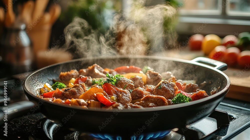 A skillet with sizzling meat and vegetables being cooked on a gas stove, with steam rising and aromatic herbs scattered on the counter A skillet with sizzling meat and vegetables being cooked on a gas stove, with steam rising and aromatic herbs scattered on the counter