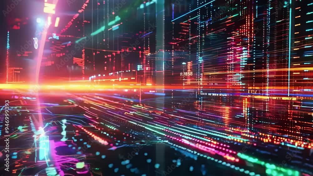 Glowing lines of code and numbers are moving through a network at high speed, suggesting a complex data analysis process Glowing lines of code and numbers are moving through a network at high speed, suggesting a complex data analysis process