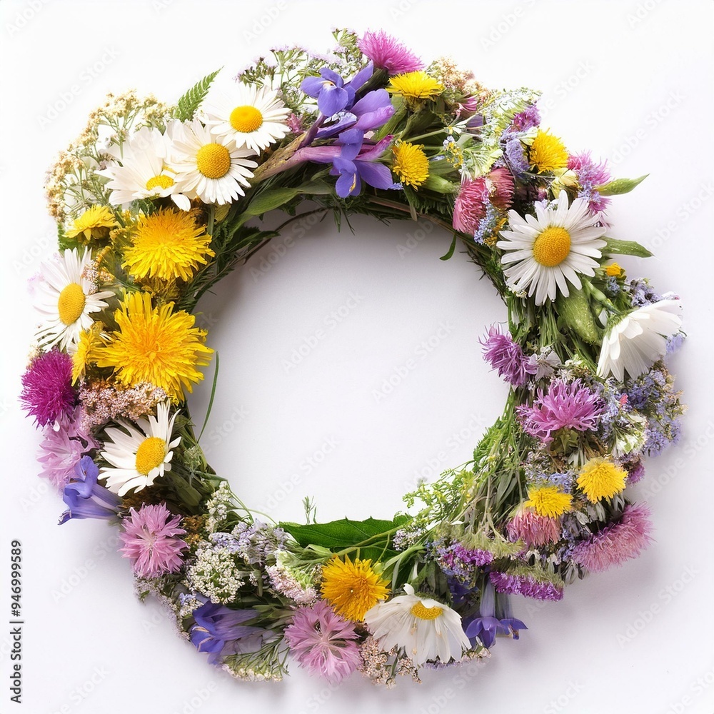 Beautiful wreath with field flowers isolated on a white background. Midsummer celebration concept, summer decoration. Top view.