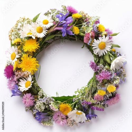 Obraz na płótnie Beautiful wreath with field flowers isolated on a white background. Midsummer celebration concept, summer decoration. Top view. w salonie