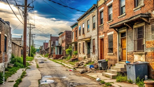 Weathered apartments, litter-strewn streets, and worn sidewalks characterize a neglected urban landscape in a disadvantaged community struggling with poverty and decay.
