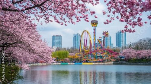Cherry blossoms in full bloom along Seokchon Lake, with Lotte Worldaes colorful roller coasters peeking through the flowers, a bustling spring scene in Seoul photo