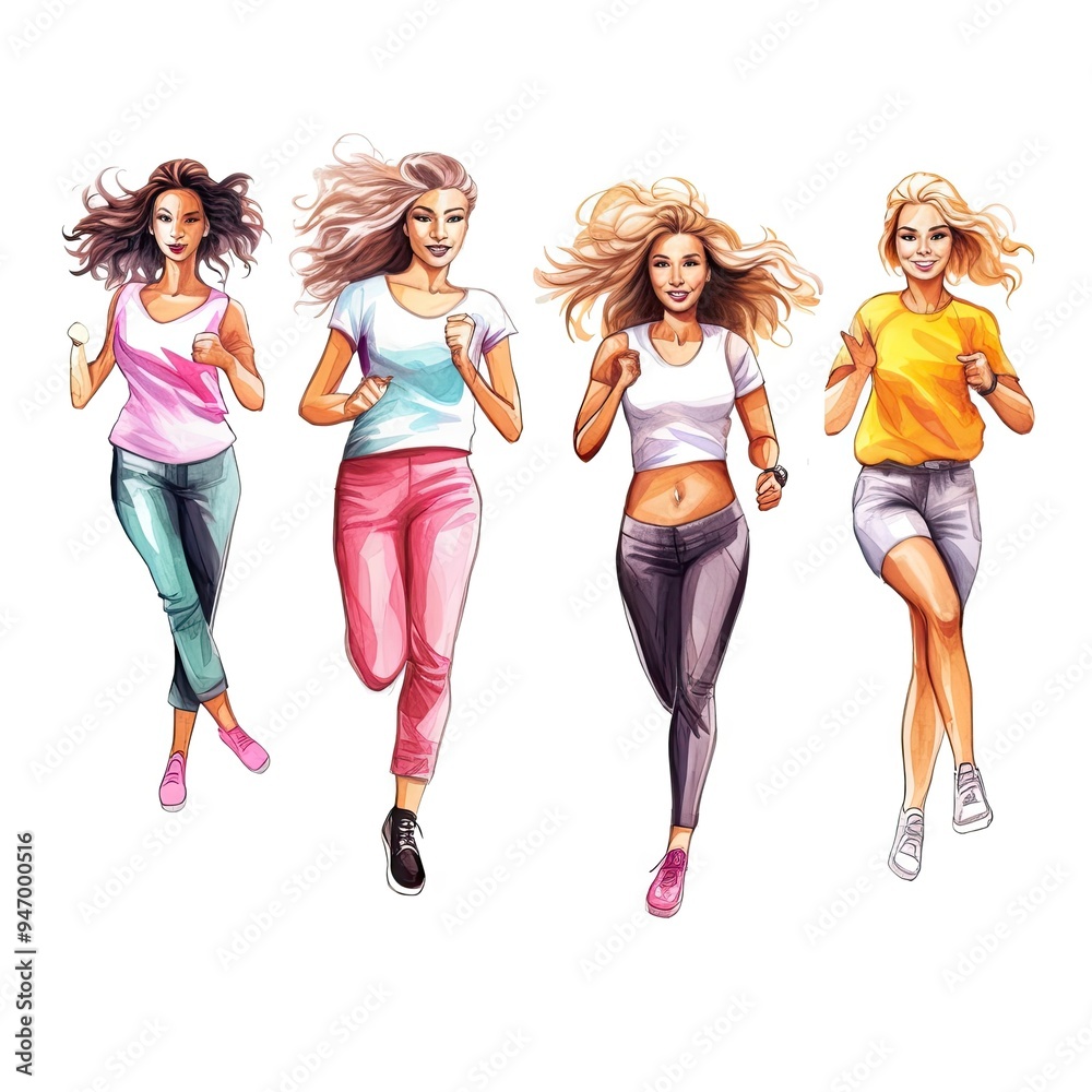 Fototapeta premium Watercolor illustration of young girls in motion white background