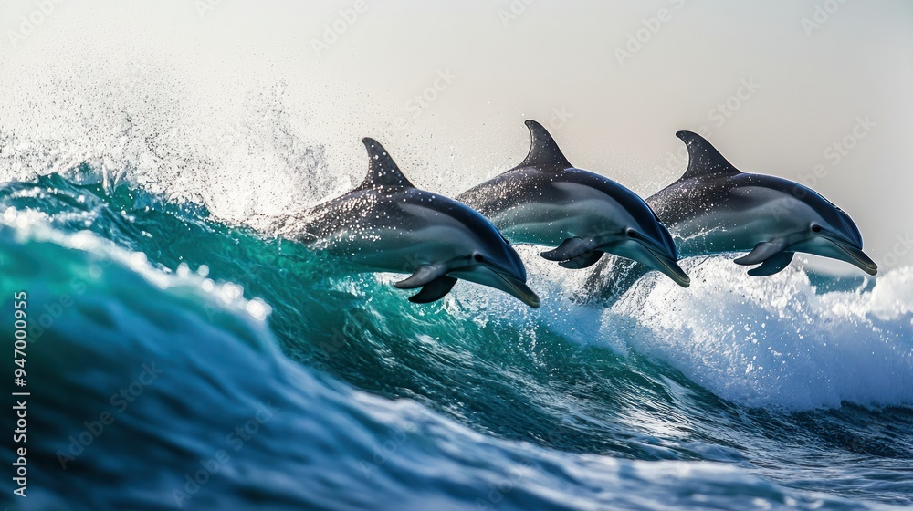 Fototapeta premium Three Dolphins Leaping Over a Wave in the Ocean