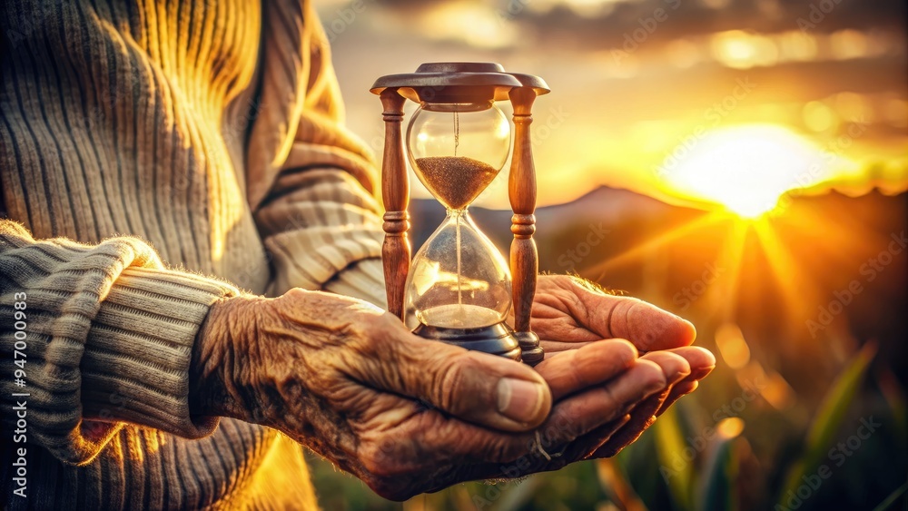 Weathered, wrinkled hands tenderly hold a worn, golden-hour-lit ...
